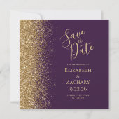 Vierkant Donker Paarse Gouden Glitter Save the Dat Aankondiging (Voorkant)