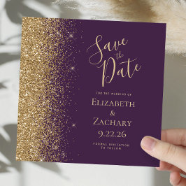 Vierkant Donker Paarse Gouden Glitter Save the Dat Aankondiging