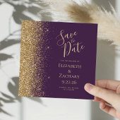 Vierkant Donker Paarse Gouden Glitter Save the Dat Aankondiging