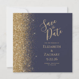 Vierkant Donkerblauw Goud Glitter Save the Date Aankondiging