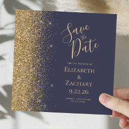 Vierkant Donkerblauw Goud Glitter Save the Date Aankondiging