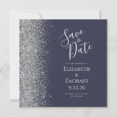 Vierkant Donkerblauw Zilver Glitter Save the Date Aankondiging (Voorkant)