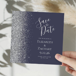 Vierkant Donkerblauw Zilver Glitter Save the Date Aankondiging