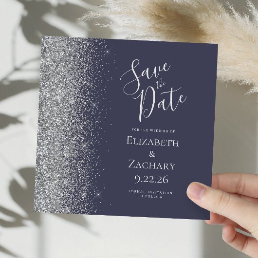 Vierkant Donkerblauw Zilver Glitter Save the Date Aankondiging