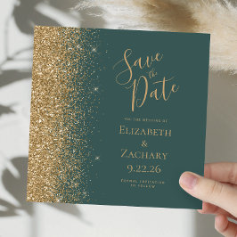 Vierkant Donkergroen Goud Glitter Save the Date Aankondiging