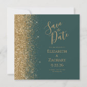 Vierkant Donkergroen Goud Glitter Save the Date Aankondiging (Voorkant)
