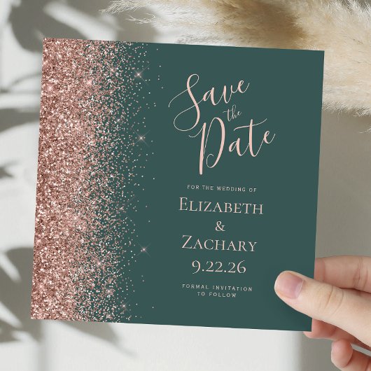 Vierkant Donkergroen Roze Goud Save the Date Aankondiging