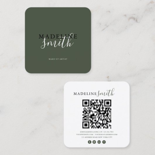 Vierkant Donkergroen Script QR-code Vierkant Zakel Vierkante Visitekaartje (Voorkant / Achterkant)