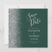 Vierkant Donkergroen Zilver Glitter Save the Date Aankondiging (Voorkant)