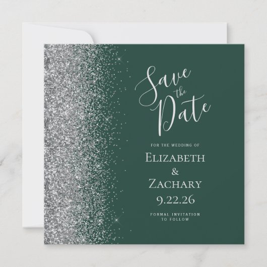 Vierkant Donkergroen Zilver Glitter Save the Date Aankondiging (Voorkant)