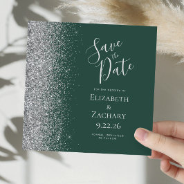 Vierkant Donkergroen Zilver Glitter Save the Date Aankondiging