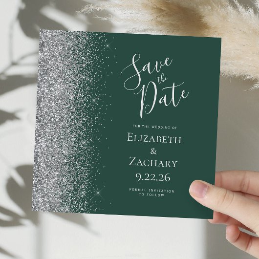 Vierkant Donkergroen Zilver Glitter Save the Date Aankondiging
