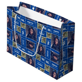 Vierkant eindexamenfoto met jaartal in het blauw groot cadeauzakje