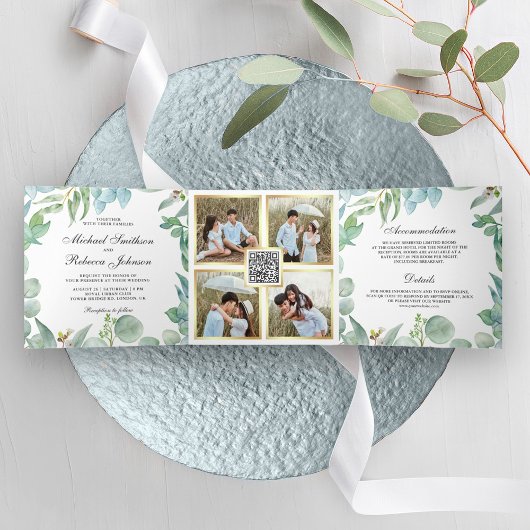 Vierkant Eucalyptus Frame QR Code Bruiloft Drieluik Uitnodiging