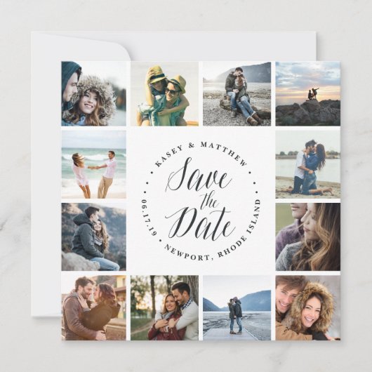 Vierkant fotocollage slaat de Kaart Datum op | wit (Voorkant)