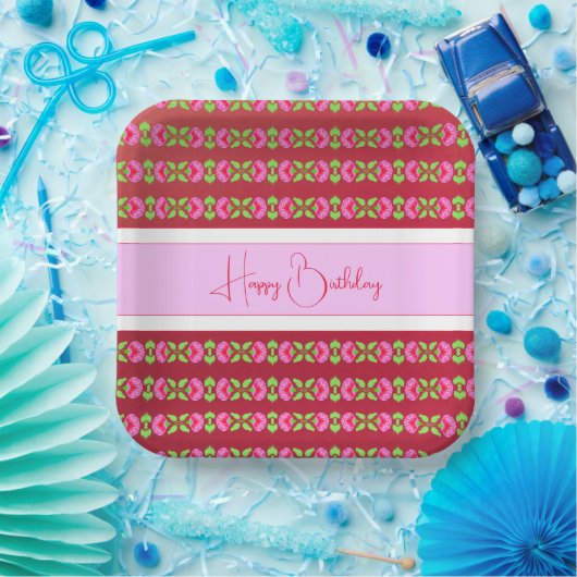 Vierkant, helder roze, gepatterd papieren bordje (Feest)