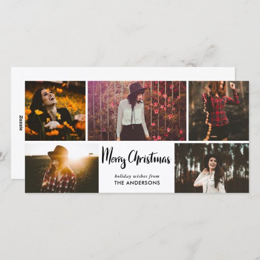 Vierkant kerstcadeaubericht na vijf foto's feestdagenkaart (Voorkant / Achterkant)