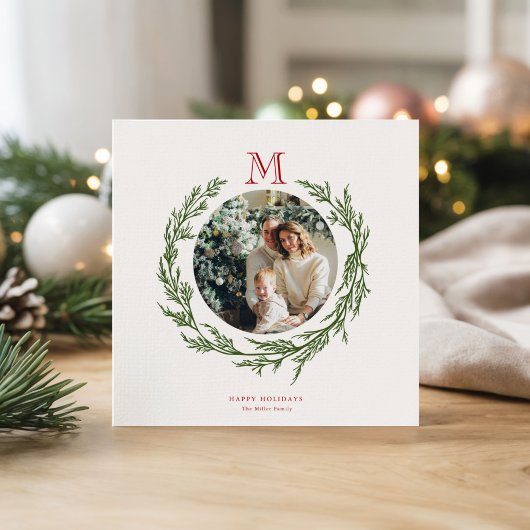 Vierkant Kerstkaart met Krans en Monogram