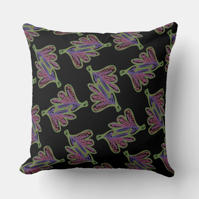 Vierkant kussen Jimette Design roze op zwart. (Voorkant)