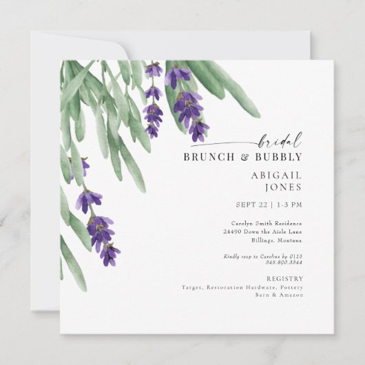 Vierkant Lavendel Bruidsbrunch & Mousserende Wijn Kaart (Voorkant)