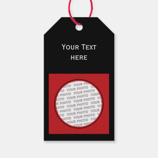 Vierkant Lijst rood + uw foto, tekst en achtergron Cadeaulabel (Voorkant)