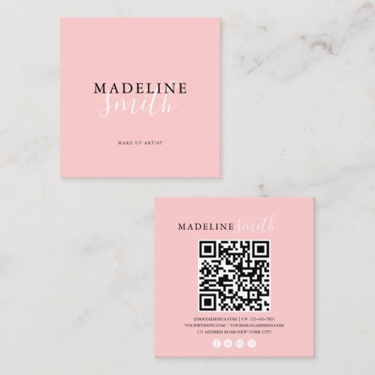 Vierkant meisjesachtig roze script QR-code Vierkante Visitekaartje (Voorkant / Achterkant)