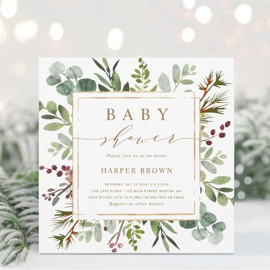Vierkant met botanisch groen voor Kerstmis baby sh Kaart
