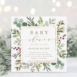Vierkant met botanische groenvoorziening voor Kers Kaart<br><div class="desc">Deze uitnodiging voor de baby shower bevat geschilderde waterverf eucalyptus,  groene bladeren,  rode bessen,  dennentakken en een nep gouden vierkante lijst met stijlvolle kalligrafie. Voor meer geavanceerde aanpassing van dit ontwerp,  klik dan op de "Verder aanpassen" link. Overeenkomende items zijn ook beschikbaar.</div>