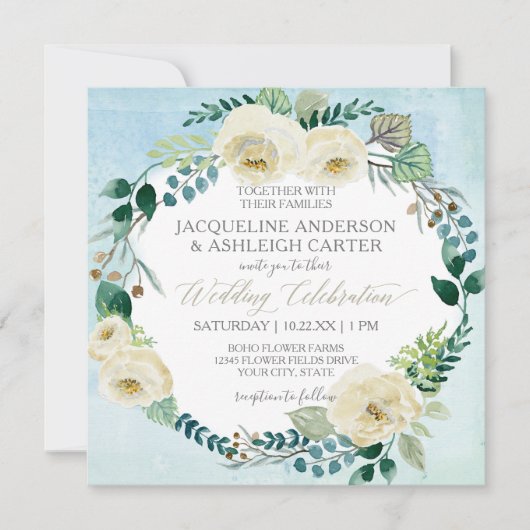 Vierkant Modern Blauw N Wit Rose Eucalyptus krans Kaart (Voorkant)