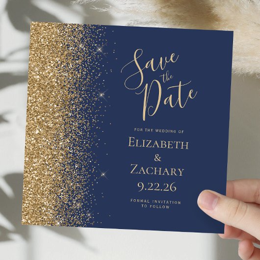 Vierkant Navy Blauwe Gouden Glitter Save the Date Aankondiging