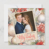 Vierkant onze eerste kerstfoto ivoren achtergrond feestdagenkaart (Voorkant)