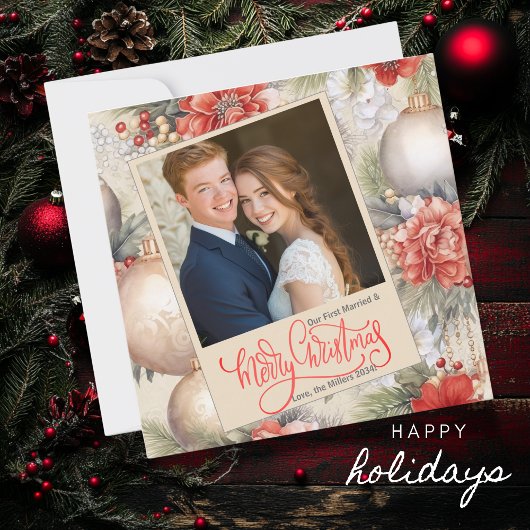 Vierkant onze eerste kerstfoto ivoren achtergrond feestdagenkaart