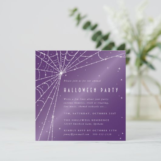 Vierkant Paars Glinsterend Spinneweb Halloween Fee Kaart (Staand voorkant)