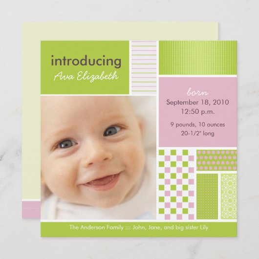 Vierkant patchwork limoenontwerp geboorteaankondig aankondiging (Voorkant / Achterkant)