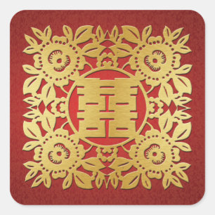 Vierkant Rood & Goud Chinees Bloemen Dubbel Geluk Vierkante Sticker