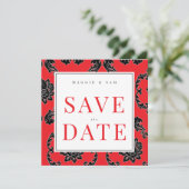 Vierkant Rood & Zwart Damask Wedding Save the Date (Staand voorkant)