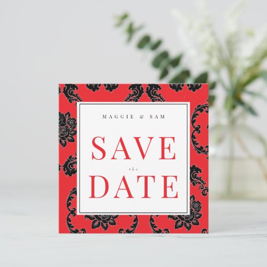 Vierkant Rood & Zwart Damask Wedding Save the Date (Staand voorkant)