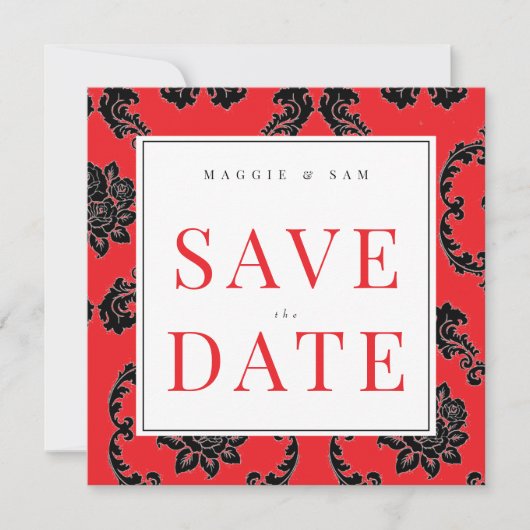 Vierkant Rood & Zwart Damask Wedding Save the Date (Voorkant)