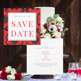 Vierkant rood & zwart damast huwelijksaankondiging save the date