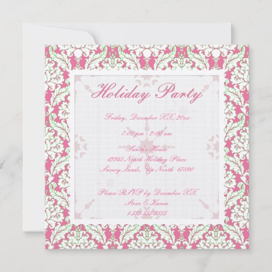 Vierkant Roze en Groen Damask Vakantie Uitnodiging (Voorkant)
