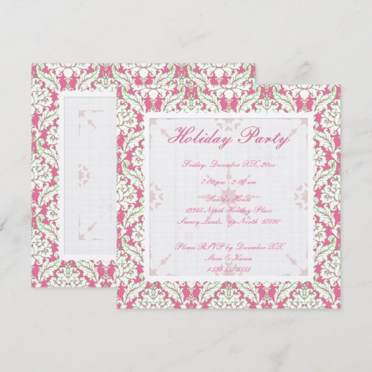 Vierkant Roze en Groen Damask Vakantie Uitnodiging (Voorkant / Achterkant)