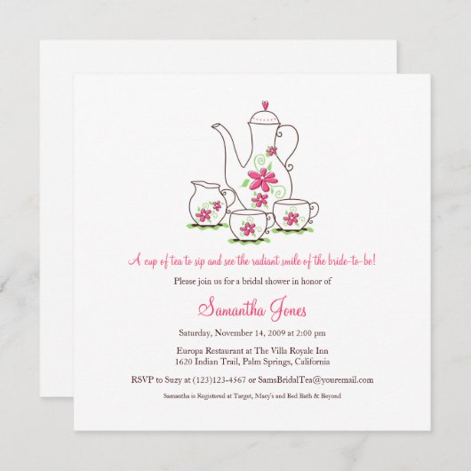 Vierkant tea set Bridal Shower Invitations, roze Kaart (Voorkant / Achterkant)