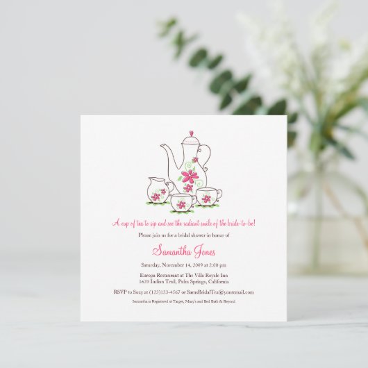 Vierkant tea set Bridal Shower Invitations, roze Kaart (Staand voorkant)