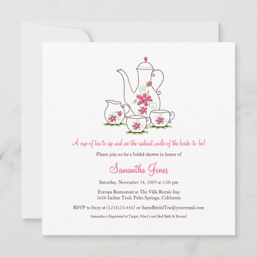 Vierkant tea set Bridal Shower Invitations, roze Kaart (Voorkant)