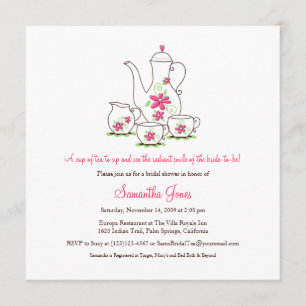 Vierkant tea set Bridal Shower Invitations, roze Kaart