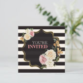 Vierkant zwart, Ivoor strepen, Bloemen Vrijgezelle Kaart (Staand voorkant)