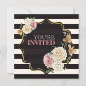 Vierkant zwart, Ivoor strepen, Bloemen Vrijgezelle Kaart (Voorkant)