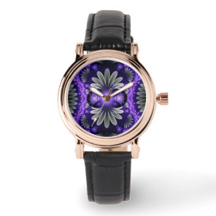 Vierkant zwart lederen horloge w / paarse fractal 