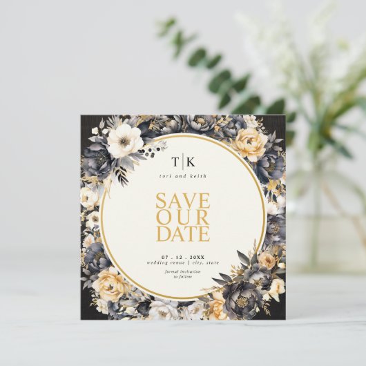 Vierkant Zwart & Wit met Gouden Moody Save The Dat Save The Date (Staand voorkant)