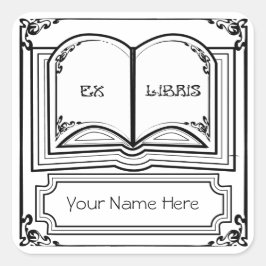 Vierkante Art Deco Boekplaat Ex Libris in Zwart Vierkante Sticker